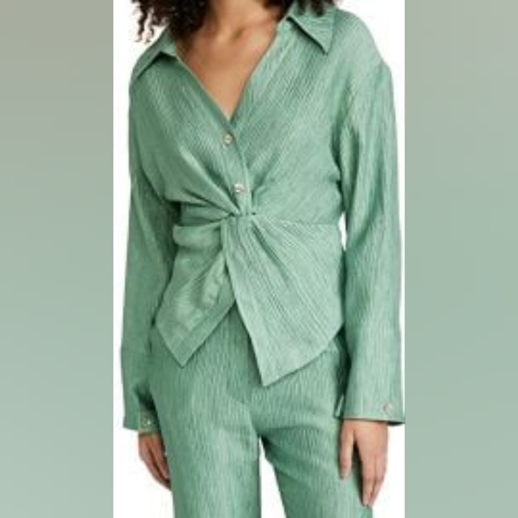Nanushka Idris Twist-Front Metallic Plissé-Crepe Shirt Large L - Picture 1 of 16